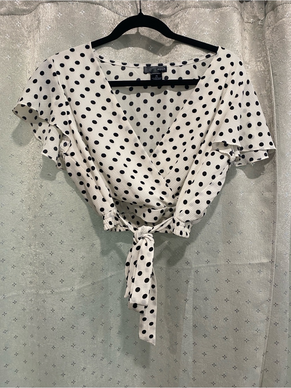 Aqua White with Black Polka Dot Tie-Front Crop Top